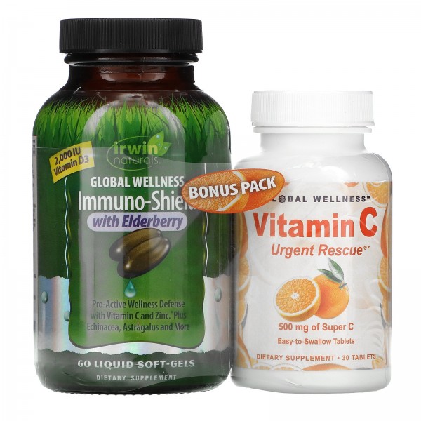 Irwin Naturals Immuno-Shield with Elderberry 60 Liquid Soft-Gels + Vitamin C 500 mg 30 Capsules