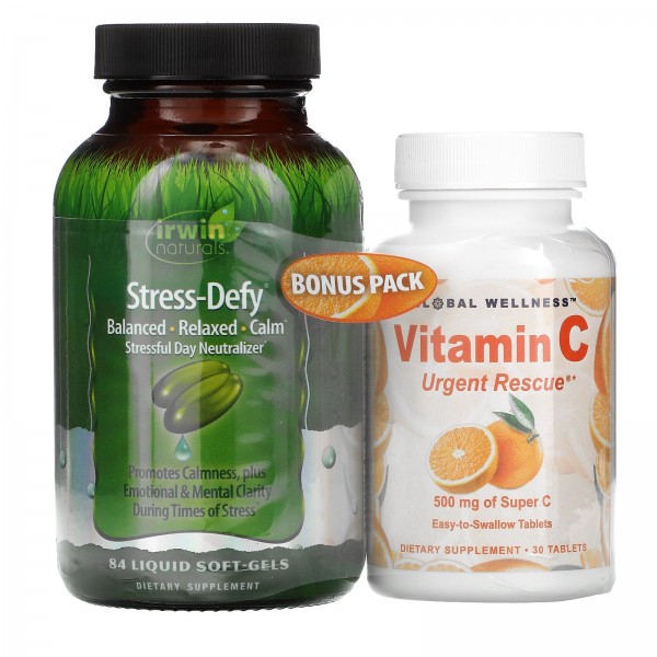 Irwin Naturals Stress-Defy 84 Liquid Soft-Gels + Vitamin C 500 mg 30 Tablets