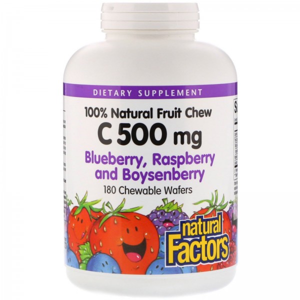 Natural Factors Витамин C 500 мг голубика-малина-бойзенова ягода 180 жевательных таблеток
