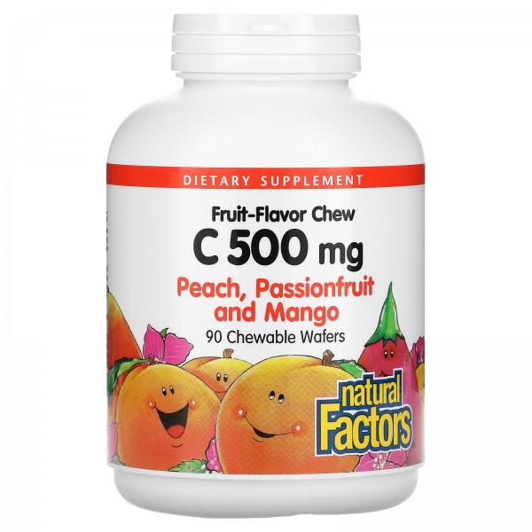 Natural Factors Fruit-Flavor Chew Vitamin C Peach Passionfruit and Mango 500 mg 90 Chewable Wafers