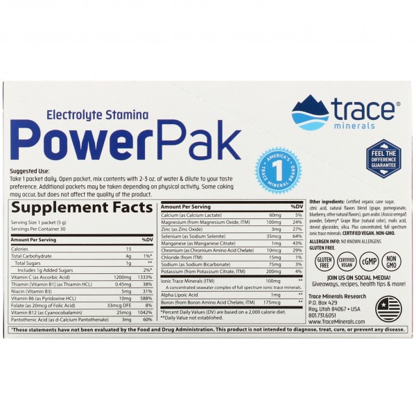Trace Minerals Research Electrolyte Stamina PowerPak Pomegranate Blueberry 30 Packets 0.18 oz (5 g) Each