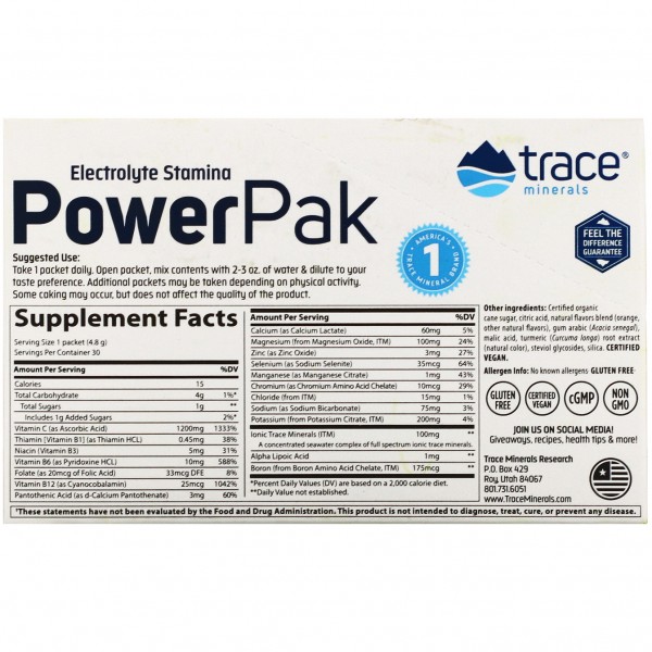 Trace Minerals Research Электролиты PowerPak для повышения выносливости Апельсин 30 пакетиков по 4,8 г