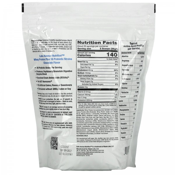 Lake Avenue Nutrition сывороточный протеин с пробиотиком Шоколад 907 г