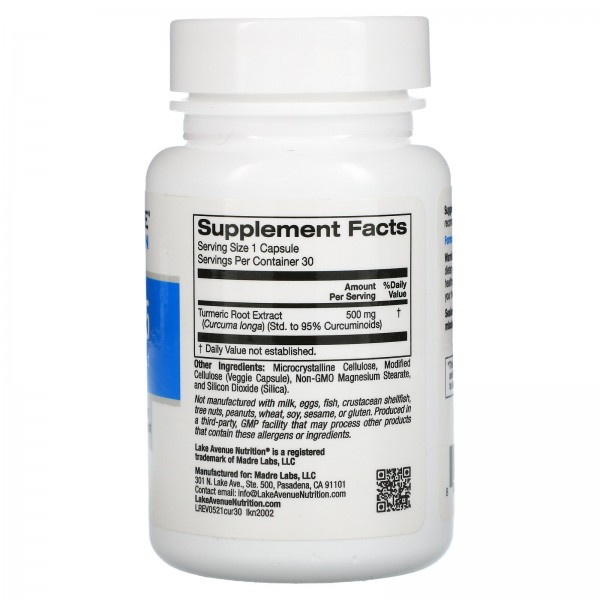 Lake Avenue Nutrition Куркумин 95 500 мг 30 веган капсул