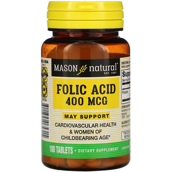 Mason Natural Фолиевая кислота 400 мкг 100 таблето...