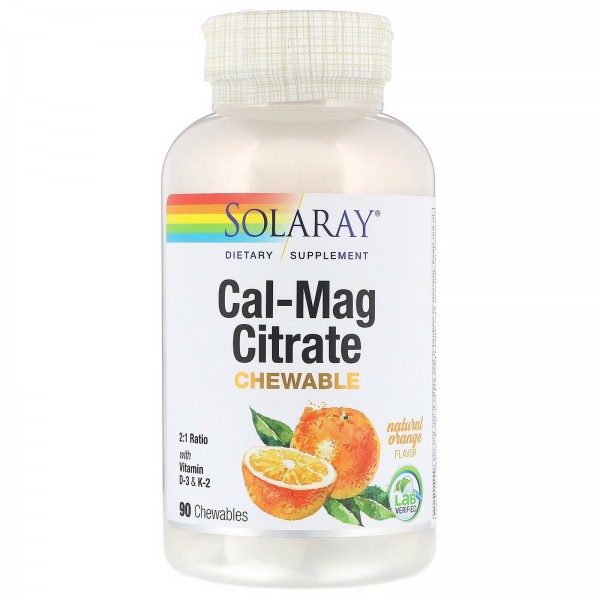 Solaray Магний-Кальций цитрат с витаминами D3-K2 Апельсин 90 жевательных таблеток