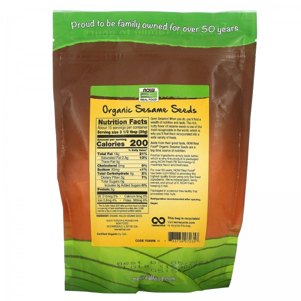 Now Foods Real Food органические сырые семена кунжута 454 г