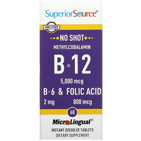 Superior Source Витамин B12 метилкобаламин с витаминами B6 и B9 5000/800 мкг 60 таблеток