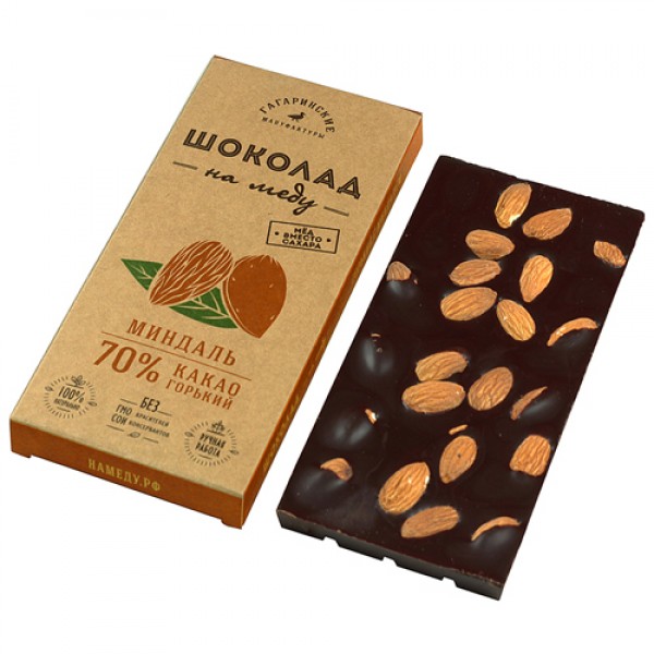 Гагаринские Мануфактуры Шоколад на меду горький, 70% какао, с миндалем 45 г