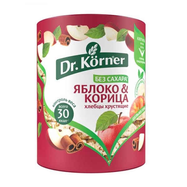 Dr. Korner Хлебцы хрустящие `Злаковый коктейль`, яблочный с корицей 90 г