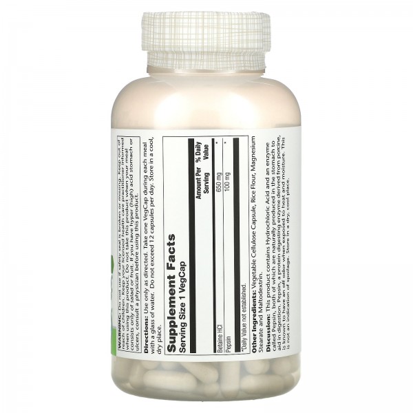 Solaray Бетаин гидрохлорид с пепсином 650 мг 250 капсул