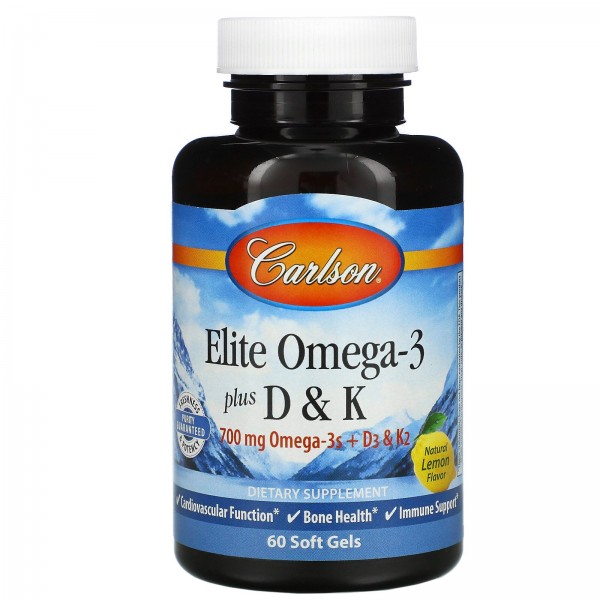 Carlson Labs Elite Omega-3 с витаминамиD и K натуральный вкус лимона 60мягких таблеток