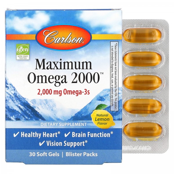 Carlson Labs Maximum Omega 2000 Natural Lemon Flavor 1000 mg 30 Softgels