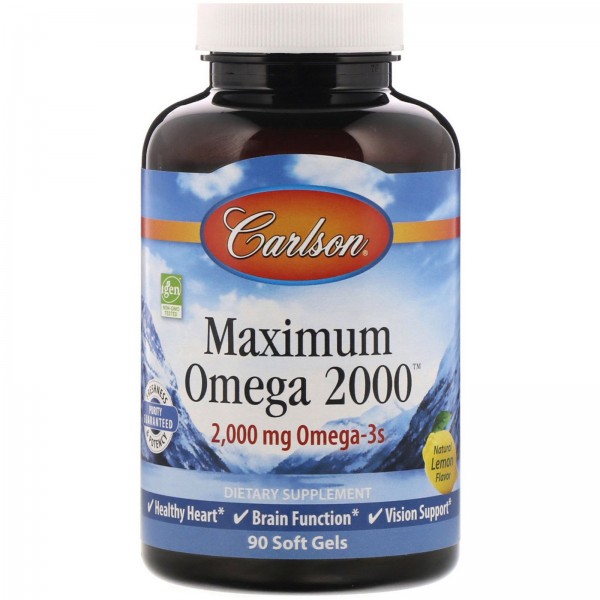 Carlson Labs Максимум Омега 2000 Натуральный вкус лимона 1000 мг 90 мягких таблетки