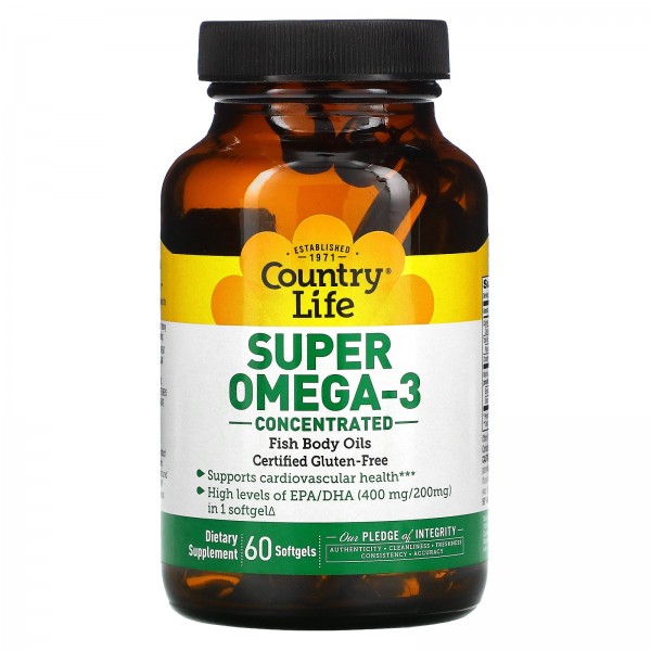 Country Life Супер омега-3 концентрированный препарат 60 мягких желатиновых капсул