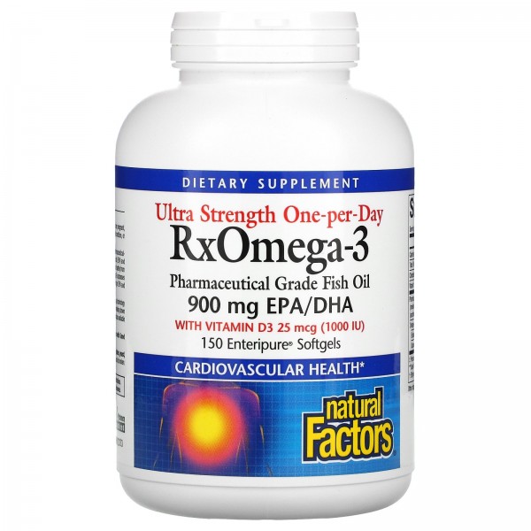 Natural Factors Ultra Strength RxOmega-3 с витамином D3 900 мг ЭПК/ДГК (эйкозапентаеновая/докозагексаеновая кислота) 150 гелевых капсул Enteripure