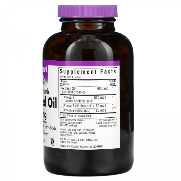 Bluebonnet Nutrition Organic Flax Seed Oil 1000 mg 250 Softgels