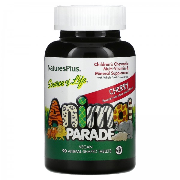 Nature's Plus Source of Life Animal Parade Children's Chewable Multi-Vitamin & Mineral Supplement Cherry 90 Animal-Shaped Tablets