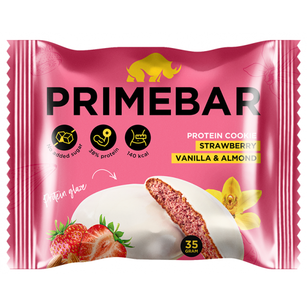 Prime Kraft Протеиновое печенье PRIMEBAR 35 г Клубника-ваниль-миндаль в протеиновой йогуртовой глазури