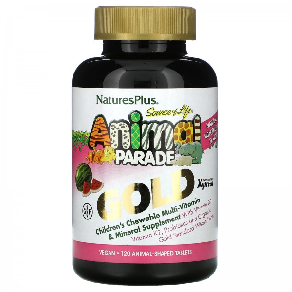 Nature's Plus SourceofLifeAnimalParadeGold жевательная мультивитаминная добавка с микроэлементами для детей со вкусом арбуза 120таблеток в форме животных