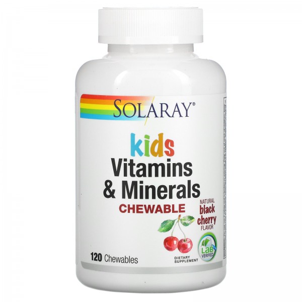Solaray Витамины и минералы для детей в форме жевательных таблеток с натуральным вкусом ягод черемухи 120жевательных таблеток