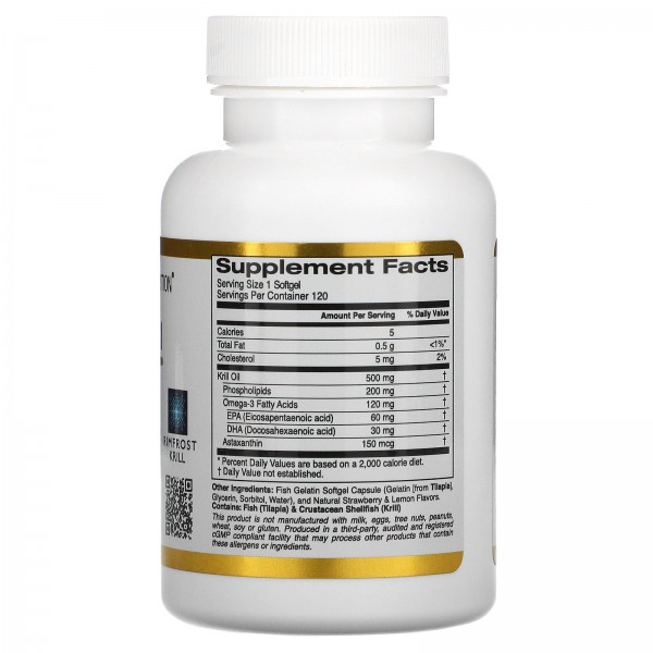 California Gold Nutrition масло антарктического криля RIMFROST с астаксантином натуральный клубнично-лимонный вкус 500мг 120рыбно-желатиновых мягких таблеток