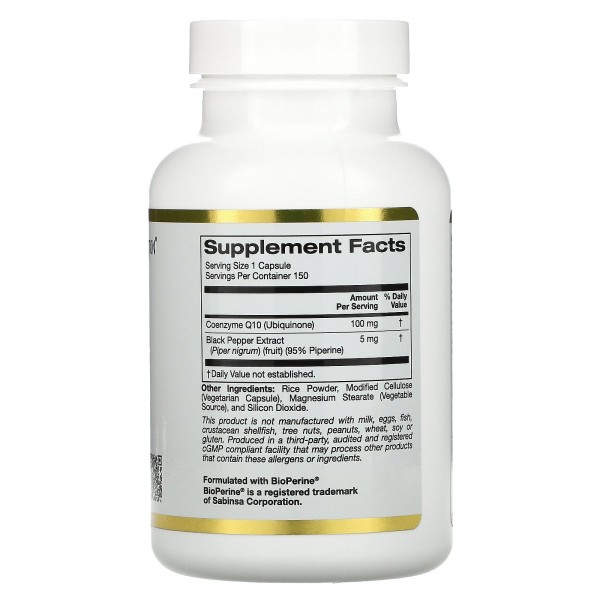 California Gold Nutrition Коэнзим Q10 фармацевтической чистоты с экстрактом Bioperine 100 мг 150 растительных капсул