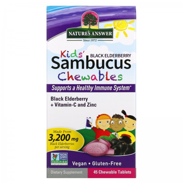 Nature's Answer Kid's Sambucus Черная бузина с витамином C и цинком 45 жевательных таблеток