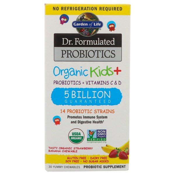 Garden of Life Dr Formulated Probiotics Organic Kids+ органические пробиотики для детей со вкусом органической клубники и банана 30вкусных жевательных таблеток