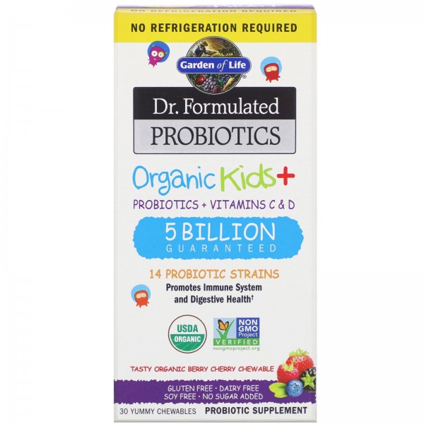 Garden of Life Dr. Formulated Probiotics Organic Kids + со вкусом органических ягод и вишни 30 вкусных жевательных таблеток
