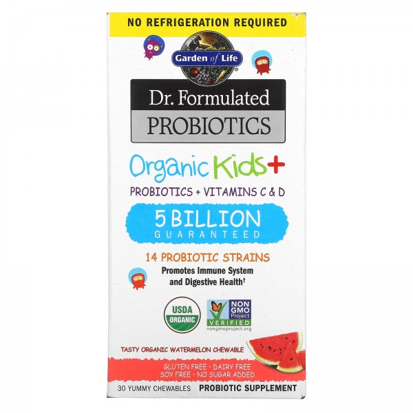Garden of Life Dr. Formulated Probiotics Organic Kids + со вкусом органического арбуза 30 вкусных жевательных таблеток