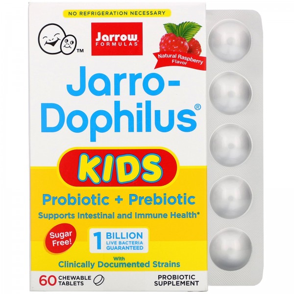 Jarrow Formulas Jarro-Dophilus Kids пробиотик + пребиотик без сахара натуральный малиновый вкус 1миллиард живых бактерий 60жевательных таблеток
