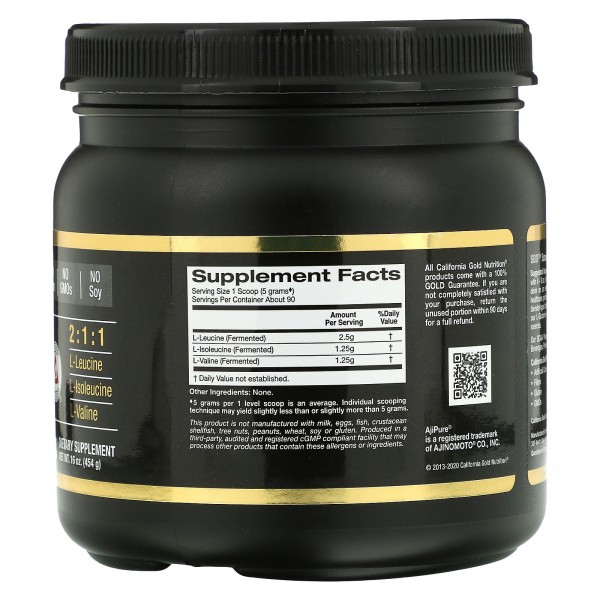 California Gold Nutrition Порошок BCAA AjiPure® аминокислоты с разветвленными цепями 454г (16унций)