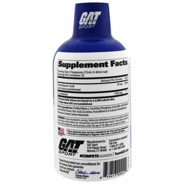 GAT L-карнитин аминокислота в свободной форме со вкусом голубой малины 473 мл (16 унций)