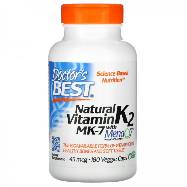 Doctor's Best натуральный витаминK2MK-7 с MenaQ7 45мкг 180вегетарианских капсул