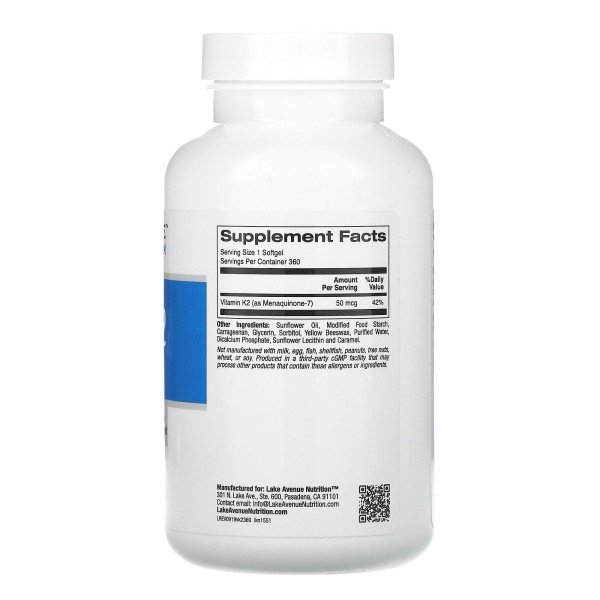 Lake Avenue Nutrition витаминK2 (в виде менахинона-7) 50мкг 360растительных капсул