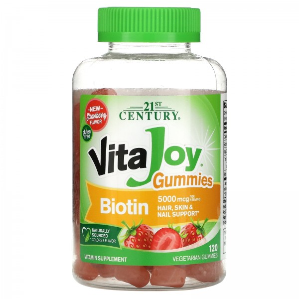 21st Century VitaJoy жевательные таблетки с биотином 5000 мкг Клубника 120 жевательных таблеток