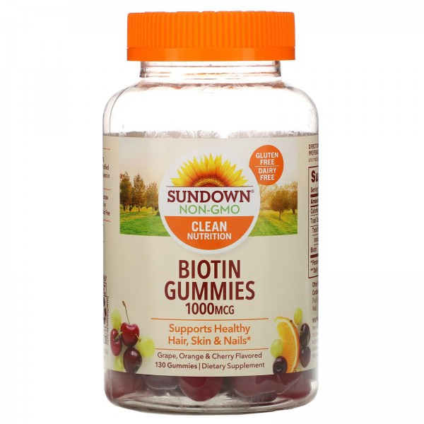 Sundown Naturals Biotin Gummies Grape Orange and Cherry Flavored 1000 mcg 130 Gummies