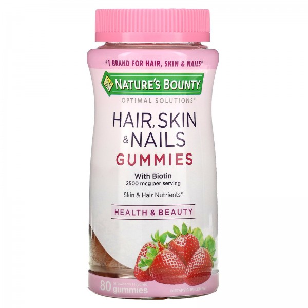 Nature's Bounty Optimal Solutions витамины для волос, кожи и ногтей 1250 мкг Клубника 80 жевательных таблеток
