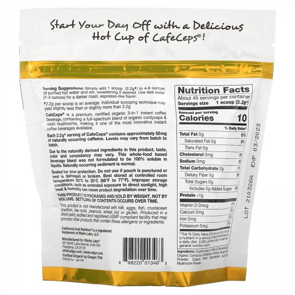 California Gold Nutrition CafeCeps сертифицированный органический растворимый кофе с порошком из грибов кордицепс и рейши 100г (35унции)