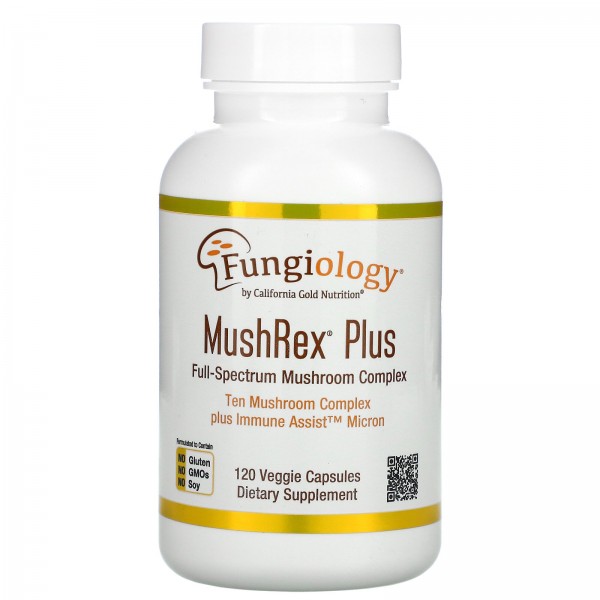 California Gold Nutrition Fungiology MushRex Plus Immune Assist Micron комплекс грибов полного спектра сертифицированный органический продукт 120растительных капсул