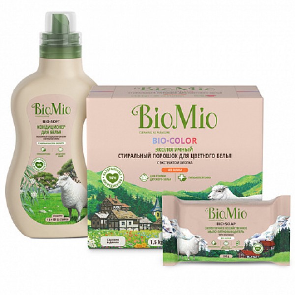 BioMio Набор для стирки 'Порошок для цветного белья, кондиционер эвкалипт' + мыло в подарок из 3 шт