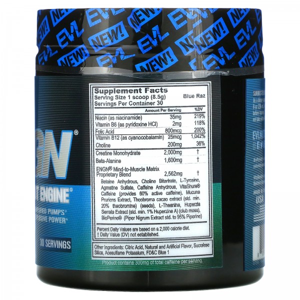 EVLution Nutrition ENGN Pre-workout Engine Blue Raz Flavor 9 oz (255 g)