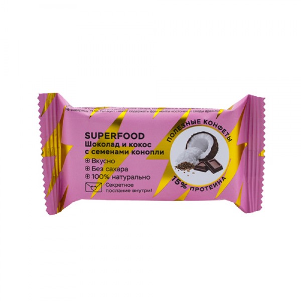 Jump Конфета орехово-фруктовая `Шоколад и кокос с семенами конопли` 28 г