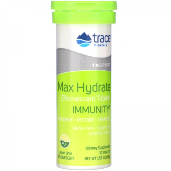 Trace Minerals Research Электролиты Max Hydrate Immunity Лимон-лайм 10 шипучих таблеток