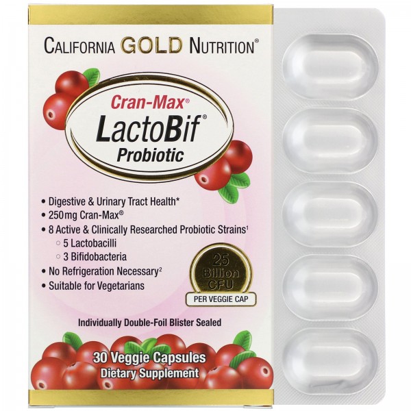 California Gold Nutrition Lactobif Cran-Max пробиотики 25млрд КОЕ 30растительных капсул