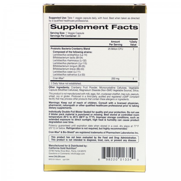 California Gold Nutrition Lactobif Cran-Max пробиотики 25млрд КОЕ 30растительных капсул