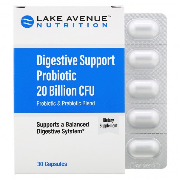 Lake Avenue Nutrition Пробиотики для поддержки пищеварения смесь пробиотиков и пребиотиков 20млрд КОЕ 30капсул