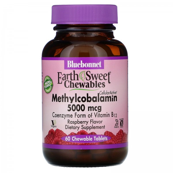 Bluebonnet Nutrition EarthSweet Chewables CellularActive Метилкобаламин 5000 мкг Малина 60 жевательных таблеток