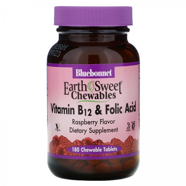 Bluebonnet Nutrition EarthSweet витамин B12 и фолиевая кислота Малина 180 жевательных таблеток